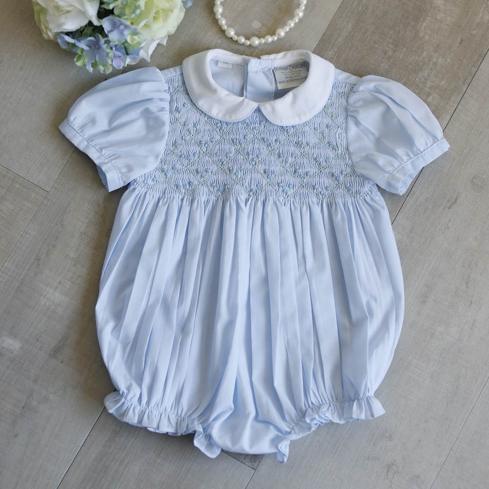 Baby Girls Blue Smocked Heirloom Romper Bullion Embroidery Feltman Brothers NWOT